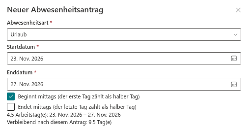 Die Arbeitstage-Zusammenfassung im Fenster „Neuer Abwesenheitsantrag“