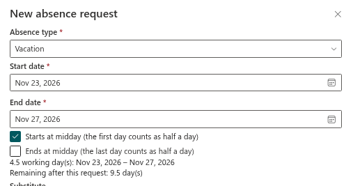 The working days summary in the New absence request panel