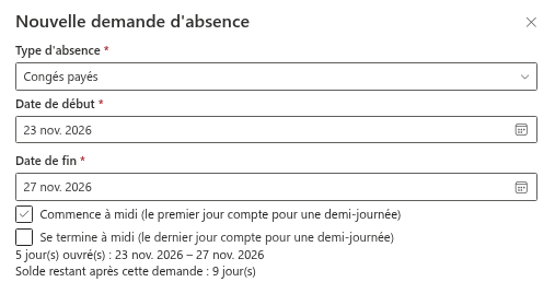 Le récapitulatif des jours ouvrés dans le volet « Nouvelle demande d'absence »