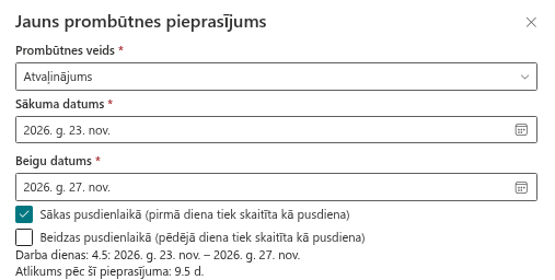 Darba dienu kopsavilkums panelī “Jauns prombūtnes pieprasījums”