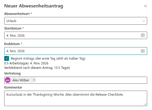 Der Bereich Neuer Abwesenheitsantrag mit einem einzelnen halben Tag