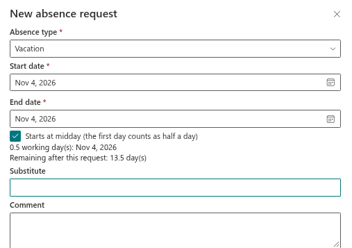 The New absence request panel with a single half day