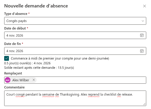Le volet Nouvelle demande d'absence avec une seule demi-journée