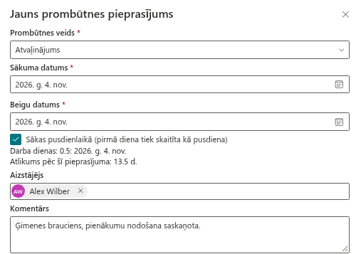 Panelis Jauns prombūtnes pieprasījums ar vienu pusi dienas