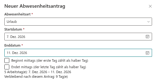 Verbleibende Tage nach dem Antrag im Bereich Neuer Abwesenheitsantrag