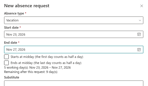 Remaining days after the request in the New absence request panel