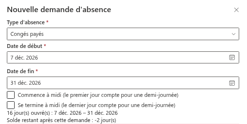 Jours restants après la demande dans le volet Nouvelle demande d'absence