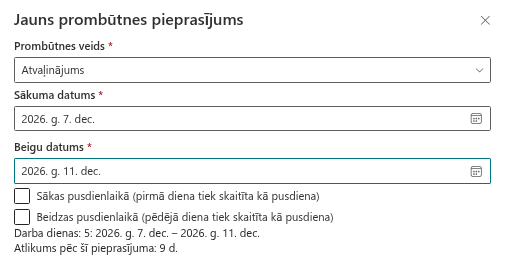 Atlikums pēc pieprasījuma panelī Jauns prombūtnes pieprasījums
