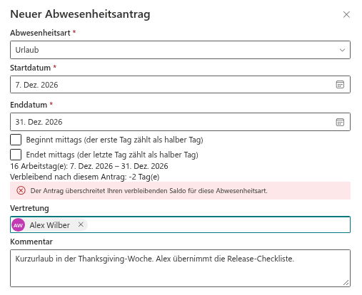 Die Meldung zum unzureichenden Saldo und die nach dem Antrag verbleibenden Tage