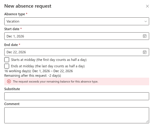 The insufficient balance message and the remaining days after the request