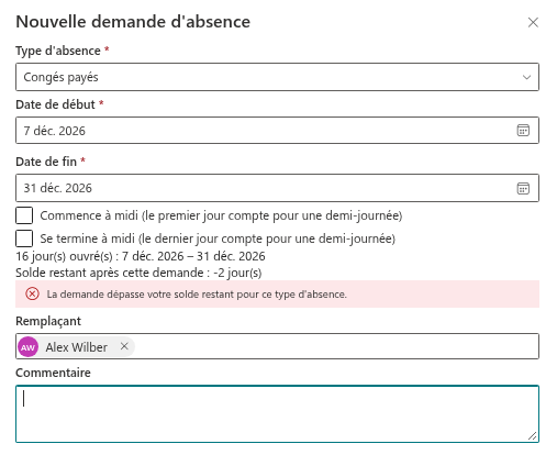 Le message de solde insuffisant et les jours restants après la demande
