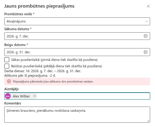 Ziņojums par nepietiekamu atlikumu un dienas, kas paliks pēc pieprasījuma