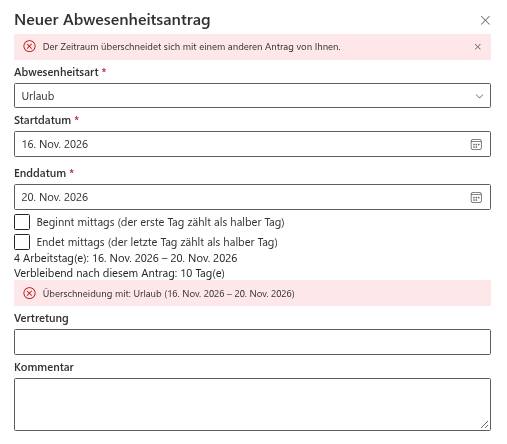 Der Bereich „Neuer Abwesenheitsantrag“ mit einer Meldung zur Überschneidung