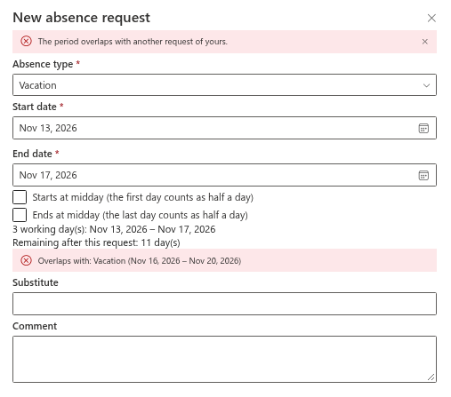 The New absence request panel with an overlap message