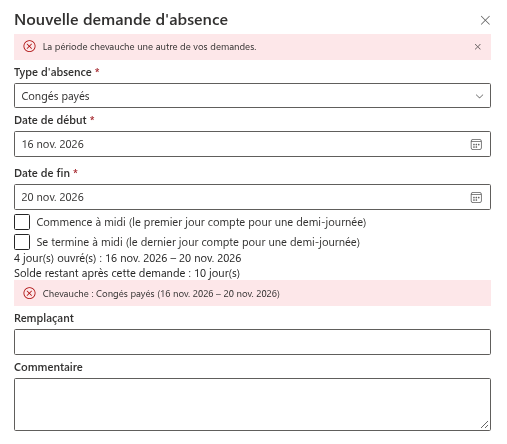 Le volet « Nouvelle demande d'absence » avec un message de chevauchement
