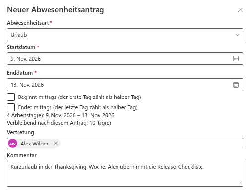 Das Feld „Vertretung“ im Bereich „Neuer Abwesenheitsantrag“
