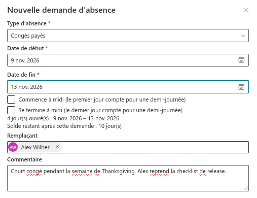 Le champ Remplaçant dans le volet Nouvelle demande d'absence