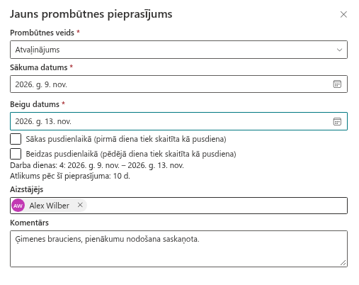 Lauks “Aizstājējs” panelī “Jauns prombūtnes pieprasījums”