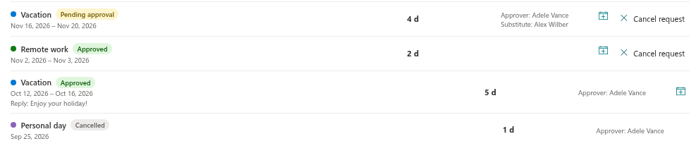 The Add to my calendar icon in the request row