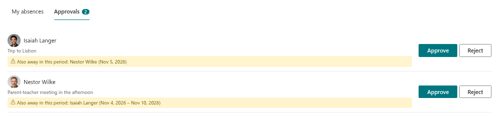 The Approvals tab with two pending requests
