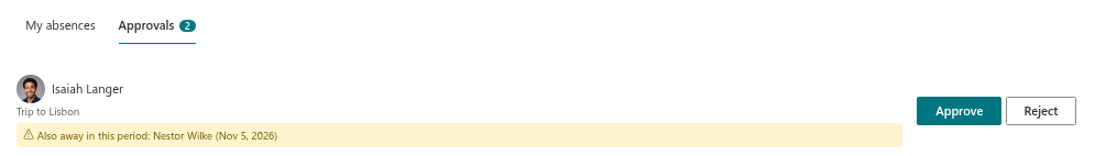 The Approvals tab with the team conflict warning under a request
