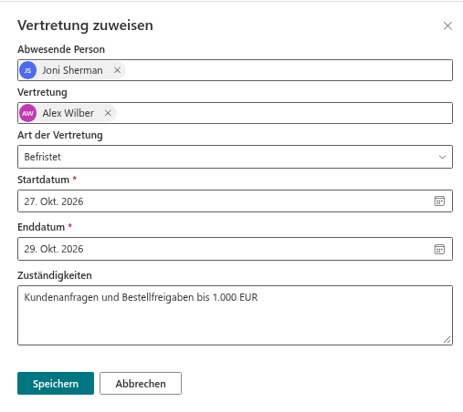 Das Panel „Vertretung zuweisen“ mit ausgefüllten Feldern