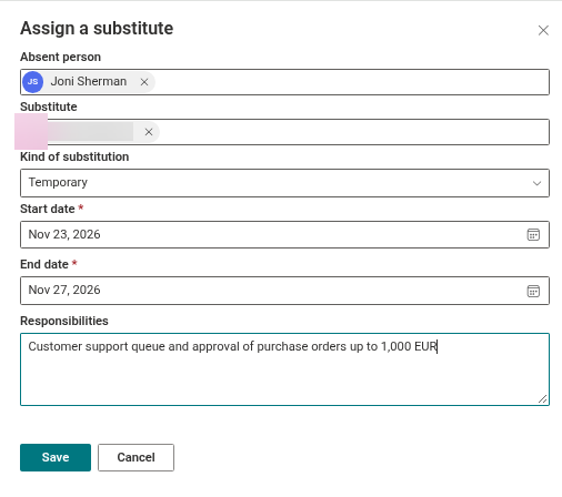 The Assign a substitute panel with all fields filled in