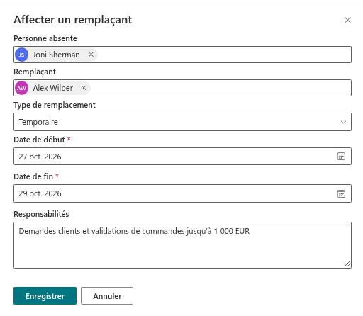 Le volet « Affecter un remplaçant » avec tous les champs renseignés