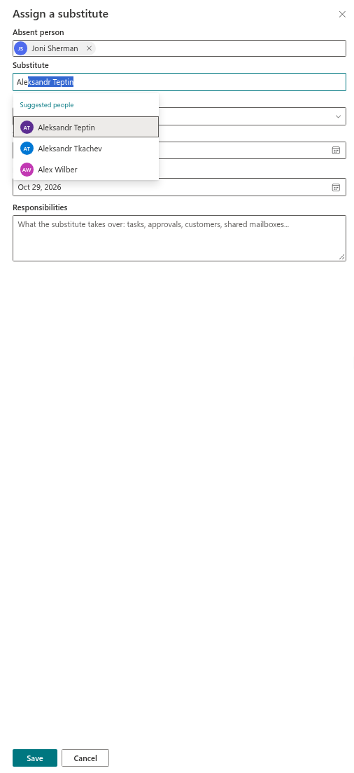 The Assign a substitute panel opened from a row, with the person and dates prefilled