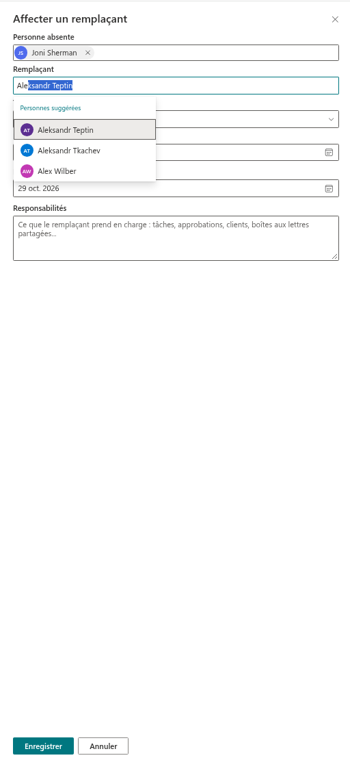 Le volet « Affecter un remplaçant » ouvert depuis une ligne, avec la personne et les dates pré-remplies
