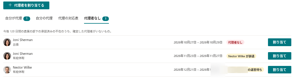 代理者のいない 3 件の不在が表示された [代理者なし] タブ