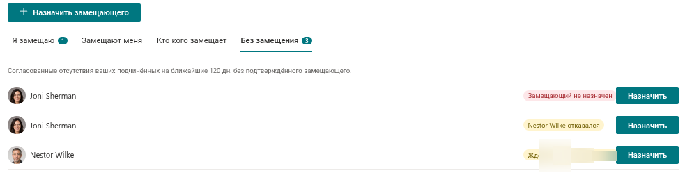 Вкладка «Без замещения» с тремя незамещёнными отсутствиями