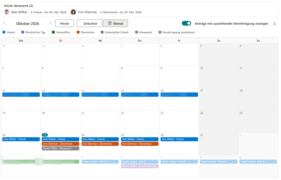 Der Team Absence Calendar in der Ansicht „Monat“