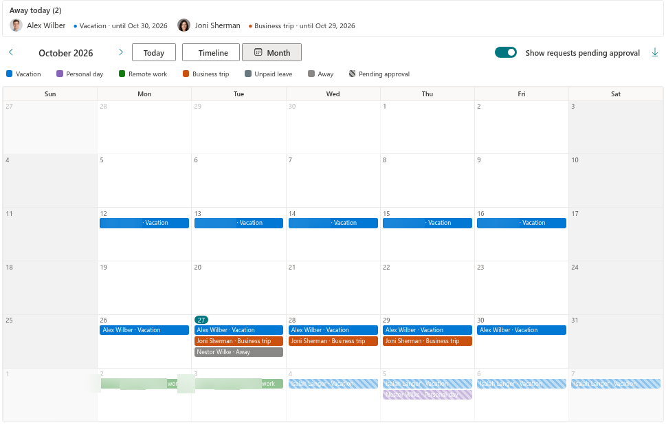 The Team Absence Calendar in the Month view