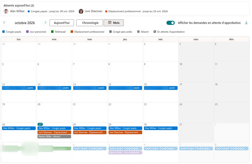 Le Team Absence Calendar dans l'affichage Mois