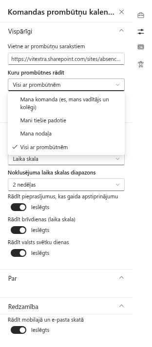Rekvizītu rūts grupa “Vispārīgi” ar atvērtu darbības jomas sarakstu