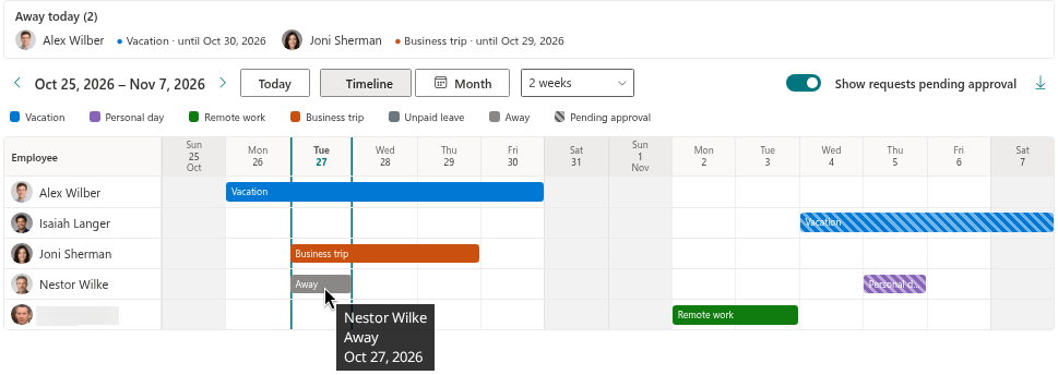 A private absence in the Away today block and in a tooltip