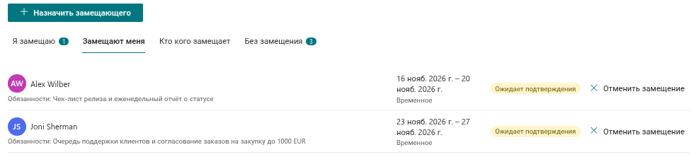 Отсутствующий сотрудник видит ответы своих замещающих на вкладке «Замещают меня»