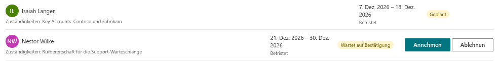 Die Registerkarte Ich vertrete mit einer Vertretung, die auf Bestätigung wartet