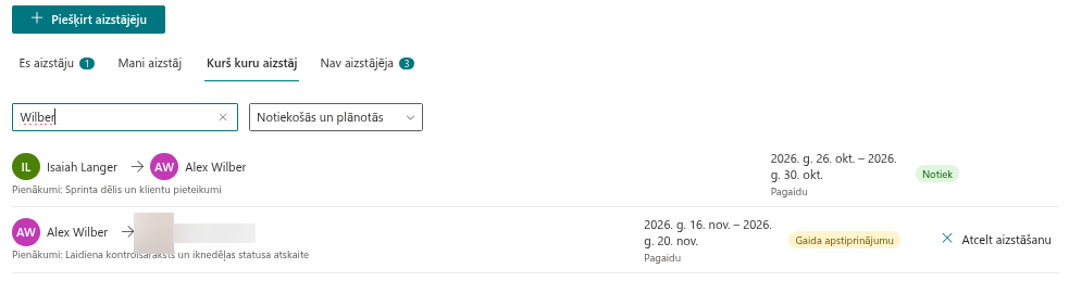 Cilne Kurš kuru aizstāj ar meklēšanas lauku un statusa filtru