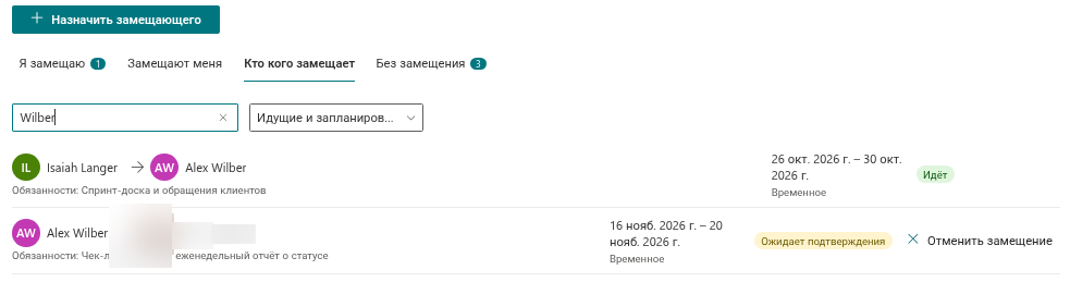 Вкладка «Кто кого замещает» с полем поиска и фильтром по статусу