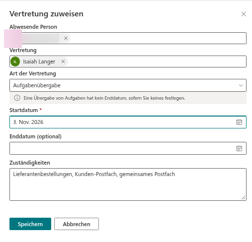 Der Bereich Vertretung zuweisen, eingerichtet als Aufgabenübergabe