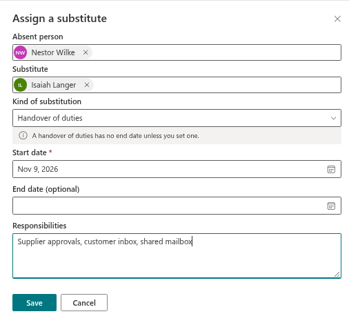 The Assign a substitute panel set up as a handover of duties