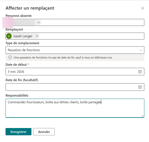 Le volet Affecter un remplaçant configuré comme passation de fonctions