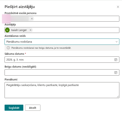Panelis Piešķirt aizstājēju, iestatīts kā pienākumu nodošana