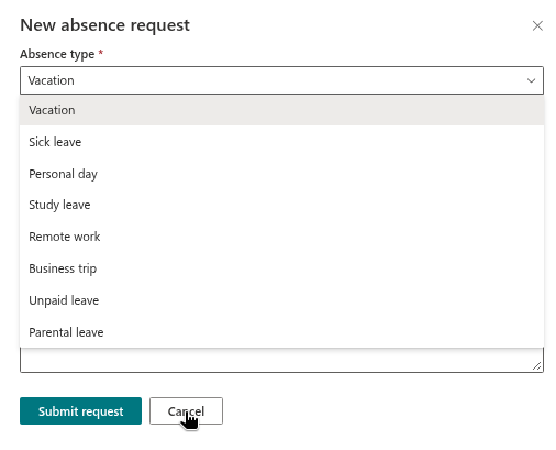 The new type in the request form