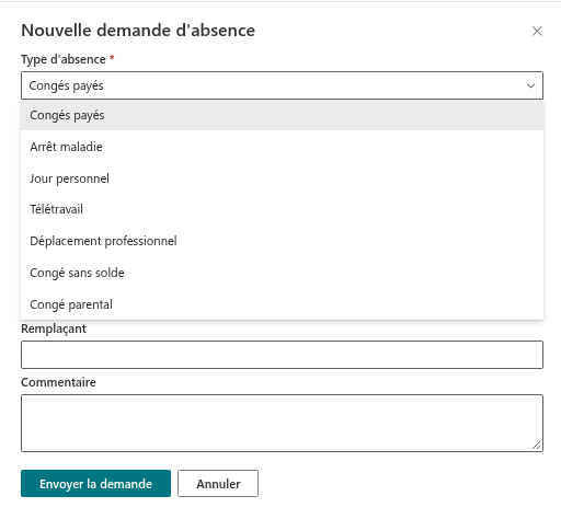Le nouveau type dans le formulaire de demande