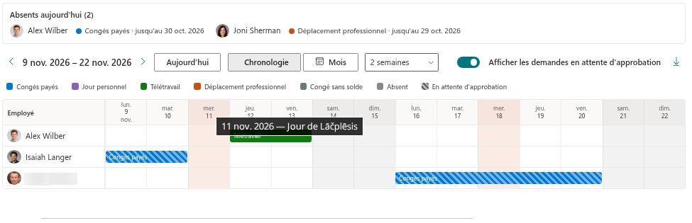 Un jour férié sur la chronologie du Team Absence Calendar