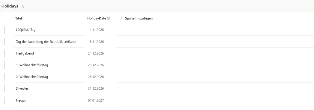 Die Liste Holidays mit Einträgen für Ende 2026