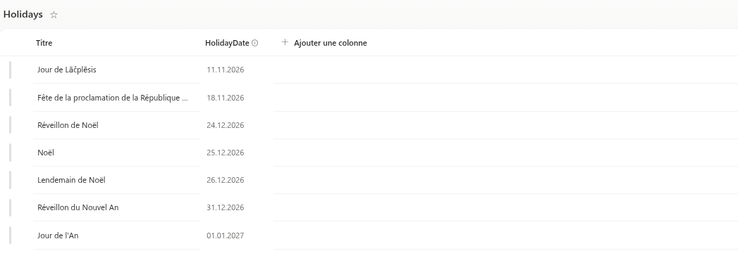 La liste Holidays avec des entrées pour la fin de 2026